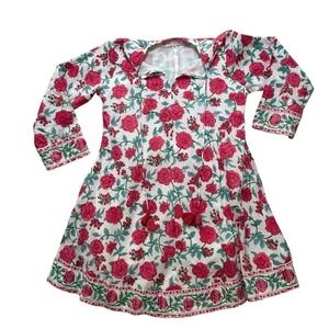 Mary Marshmallow Pink Floral Block Print Cotton Tunic Dress Tassel Tie Womens S